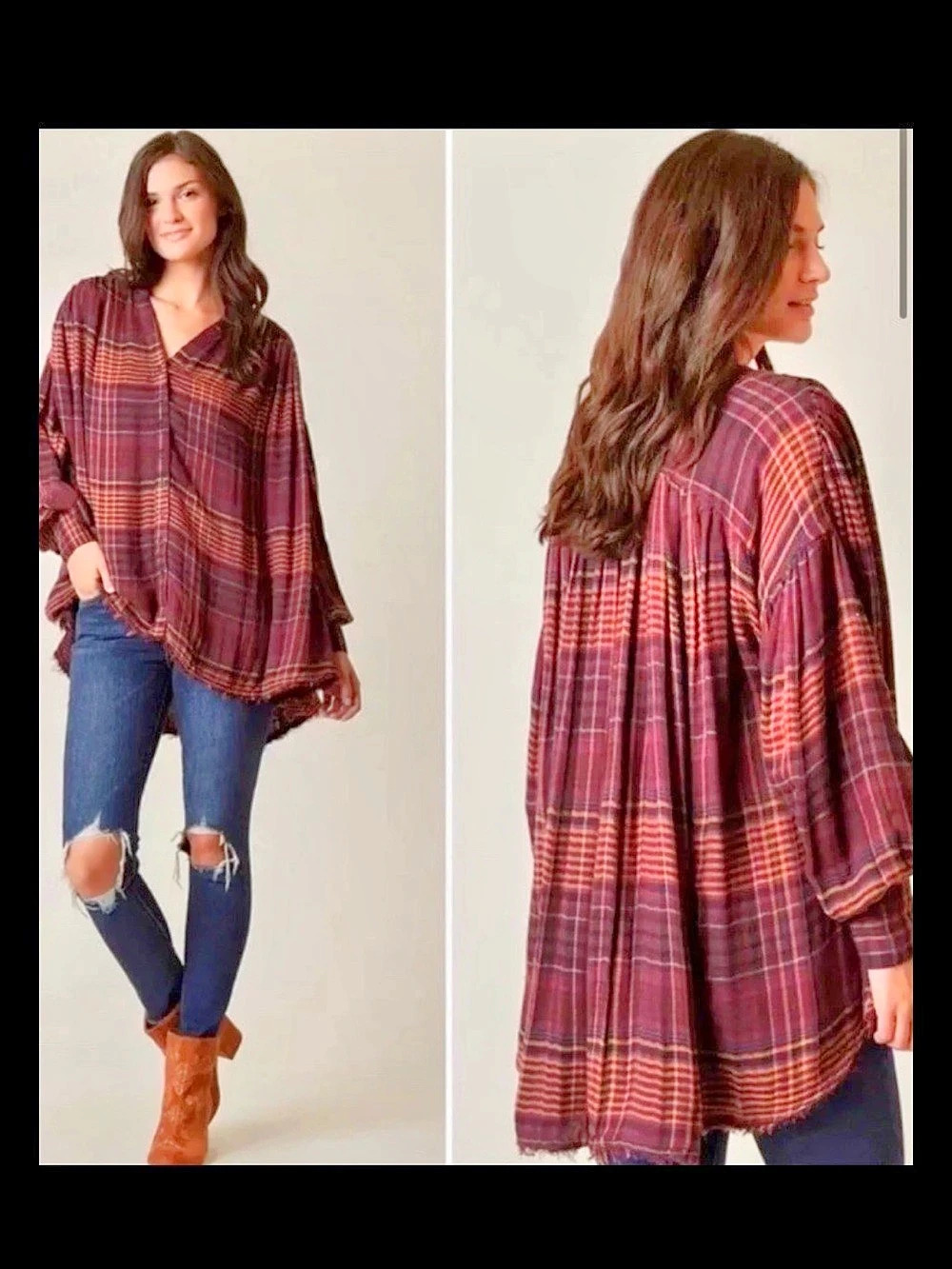 Free People Come On Over Button Tunic Top Size Small Long Sleeve Plaid Print